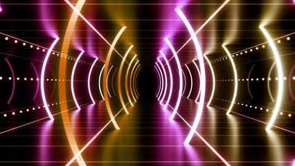 Neon Line Tunnel glowing Fluorescent light corridor stage 3D illustration background