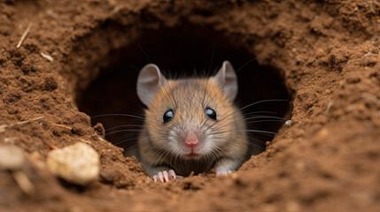 Naklejka na ściany i meble a little mouse looks out of a burrow. Generative AI