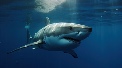 Naklejka premium a great white shark (Carcharodon carcharias) underwater. Generative AI