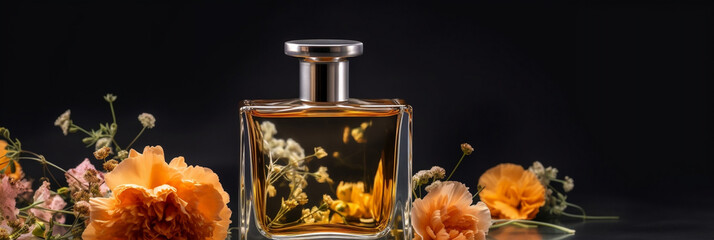 Perfumery, summer fragrance concept made with perfume bottle and flowers, Generative AI