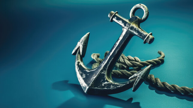 an old ship anchor isolated on a blue background. Generative AI