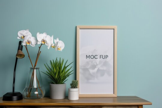 Using a mockup of a picture frame, decorate a modern space. With a potted orchid and schefflera plant, a white shelf is placed against a pastel turquoise wall. Generative AI