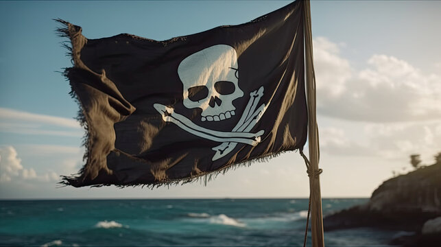 a black pirate flag with a skull and crossbones. Generative AI