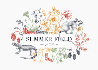 Vintage summer background. Floral frame design. Wildlife sketches. Wildflowers, meadows, herbs botanical illustration. Hand-drawn field flowers, birds, animals. Retro style invitation, frame, card.