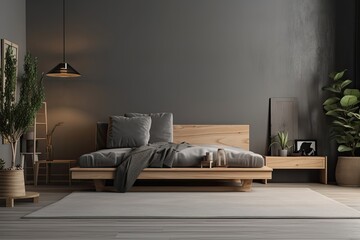 timber furniture in a dark, modern setting. Text friendly minimalist room design. Generative AI