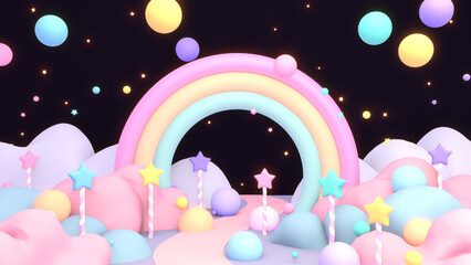 3d rendered cartoon rainbow land with star candy sticks and flying spheres.