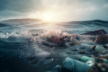Dumping trash into the sea, polluting water with plastic waste. Generative AI