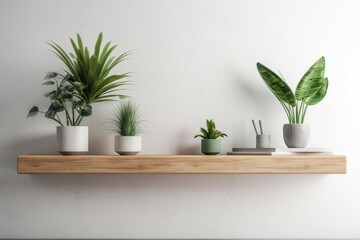 shelf with green plants against a white wall. Generative AI