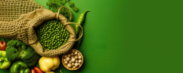 Healthy vegetables banner on a green background. Copy space for your text.  Still life. Generative ai