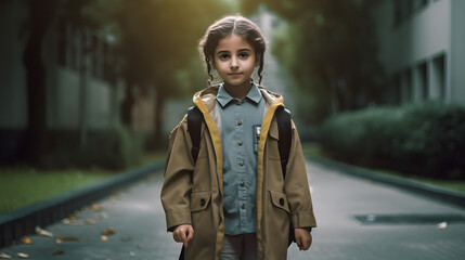 Obraz premium Arabian student girl with backpack. Concept of back to school. AI generated