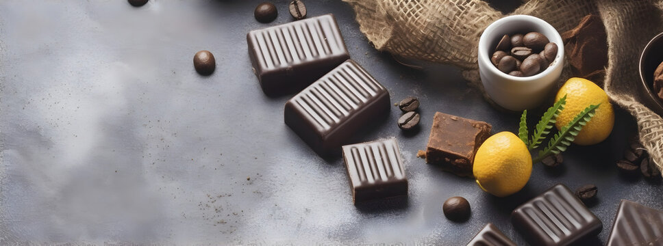 Various chocolates food. Background with copy space. AI generated
