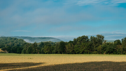 Sunrise over the field and forest of French countryside