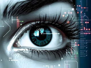 Woman eye with digital coding iris screen. Concept of iris recognition. AI generated