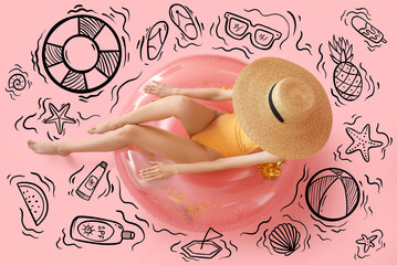 Young woman with inflatable ring in drawn sea with summer accessories, top view