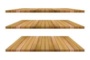 Set of brown wood shelves isolated on transparent background.