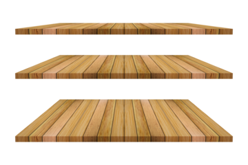 Set of brown wood shelves isolated on transparent background.