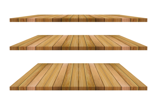Set of brown wood shelves isolated on transparent background. - Powered by Adobe