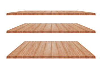 Set of brown wood shelves isolated on transparent background.