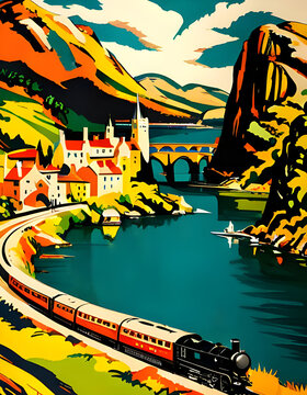 vintage art deco style 1930s railway travel poster with a steam train running though a coastal landscape