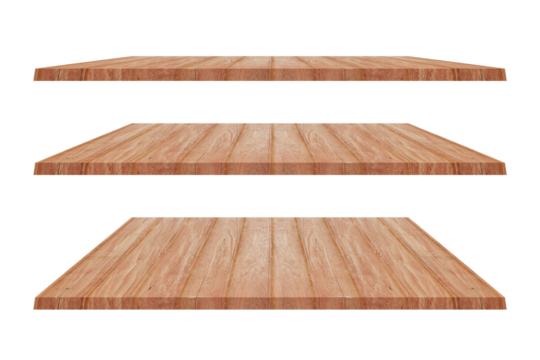 Set of brown wood shelves isolated on transparent background.