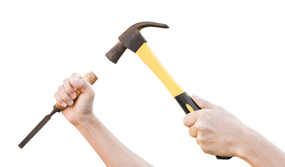 Male hands working with old rusty hammer and flat screwdriver isolated on transparent background