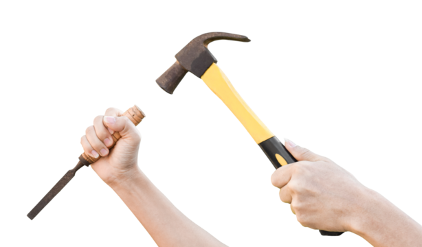 Male hands working with old rusty hammer and flat screwdriver isolated on transparent background