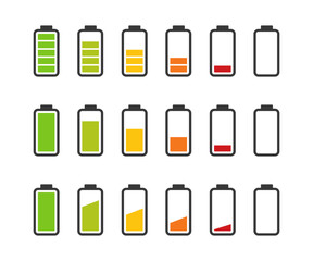 Battery icon set. Charging level icon set. Battery symbol collection. Battery charging level icon