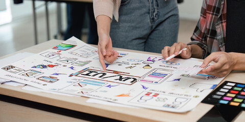 UX developer and UI designer brainstorming about app interface wireframe design on table with...