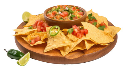 Crispy tortilla chips on a wooden tray with spicy chili sauce for the perfect snack