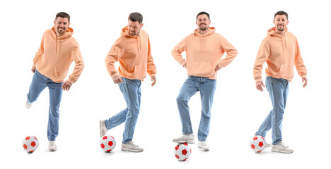 Man playing with soccer ball on white background