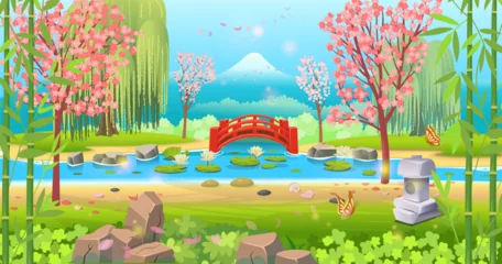   Japanese garden with a river, a lake, a red bridge, cherry blossoms and a stone lantern. Beautiful landscape, scene in cartoon style. © NADEZHDA