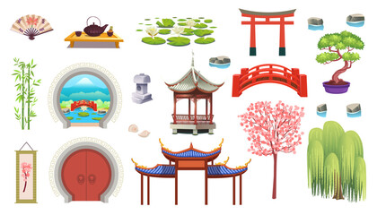 Japanese set of Japanese stone lantern, sakura, bonsai, round open door, garden bridge, water lilies, fan