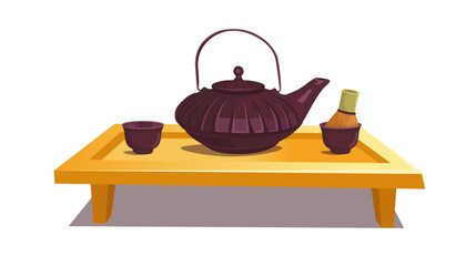 Tea set with a stand, a teapot, cups and a brush for tea ceremonies on a white background. Cartoon style