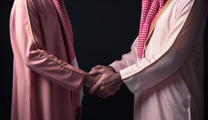 Closeup of business people shaking hands over a deal. businessman arabic with engineer making handshake agreement. Realistic 3D illustration. Generative AI