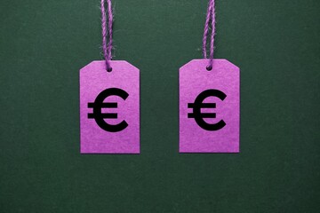 euro symbol in the pink price tag on the green background