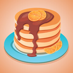 Pancakes with chocolate syrup and orange. Vector illustration, cartoon. American traditional breakfast
