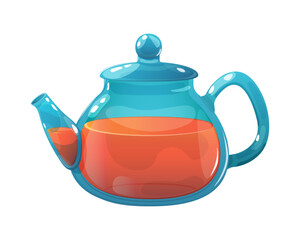 Glass teapot with tea, tea time, cartoon, vector illustration