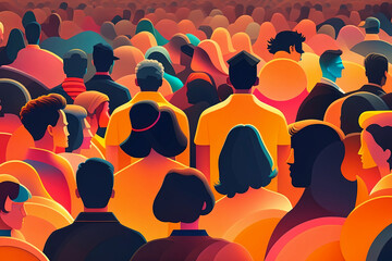 Golden Hour Chaos: A Modern Abstract Illustration of a Crowded, Multicolored Group with Bright, Harsh Lighting.