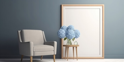  Interior mockup with blue hydrangea or hortensia with empty frame for text. Cozy spacious apartment, room with blue armchair, furniture. Template for banner. Generative ai