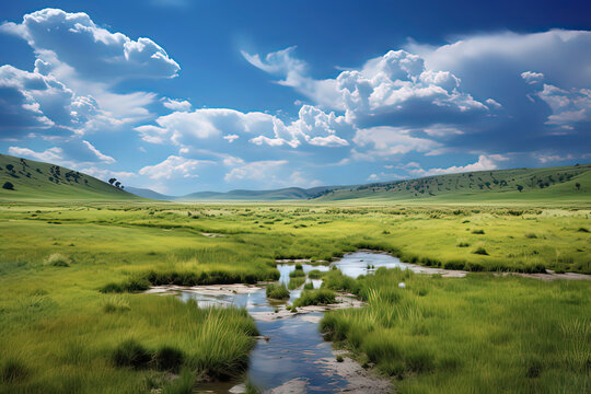 Grassland and Blue Sky and White Clouds. AI technology generated image