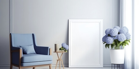 Obraz na płótnie Canvas Interior mockup with blue hydrangea or hortensia with empty frame for text. Cozy spacious apartment, room with blue armchair, furniture. Template for banner. Generative ai