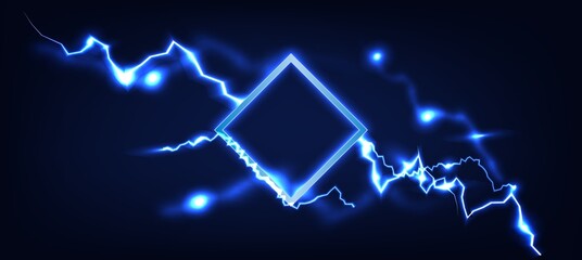 Abstract neon frame background with lightning effect.