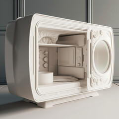 Futuristic 3D printed microwave design. Microwave made in resin monochrome printer. Realistic 3D illustration. Generative AI