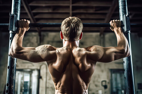 Behind the robust man in the gym. AI technology generated image
