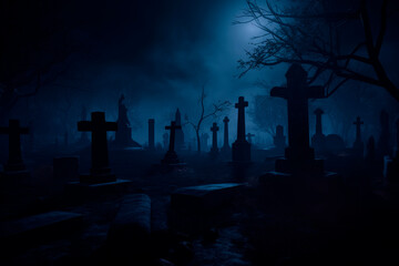 Graveyard with tombstones at night, Halloween background, Generative AI