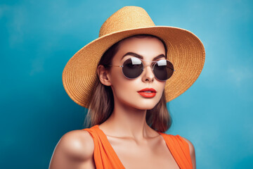 Attractive lovely young woman in sunglasses and hat standing over blue background. Summer accessories. Summer concept. Generative AI 