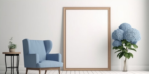  Interior mockup with blue hydrangea or hortensia with empty frame for text. Cozy spacious apartment, room with blue armchair, furniture. Template for banner. Generative ai