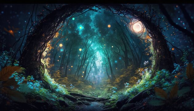nature's mystical dark space forest wallpaper with twinkling stars generative ai