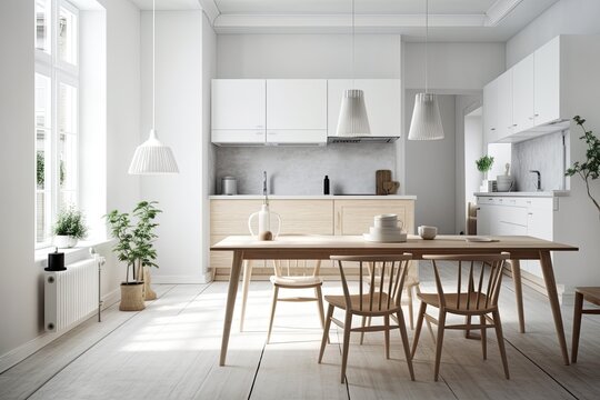Scandinavian minimalist kitchen following restoration in new home. Dishes, a table, and chairs are all white and are in a room with a light wall. Promotional offer and design related blogs about nobod