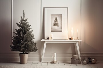 Silver framed facsimile of a photo or poster with a candle, a small ceramic Christmas tree for decoration, and a white table next to a bright wall. holiday interior of a home. Generative AI
